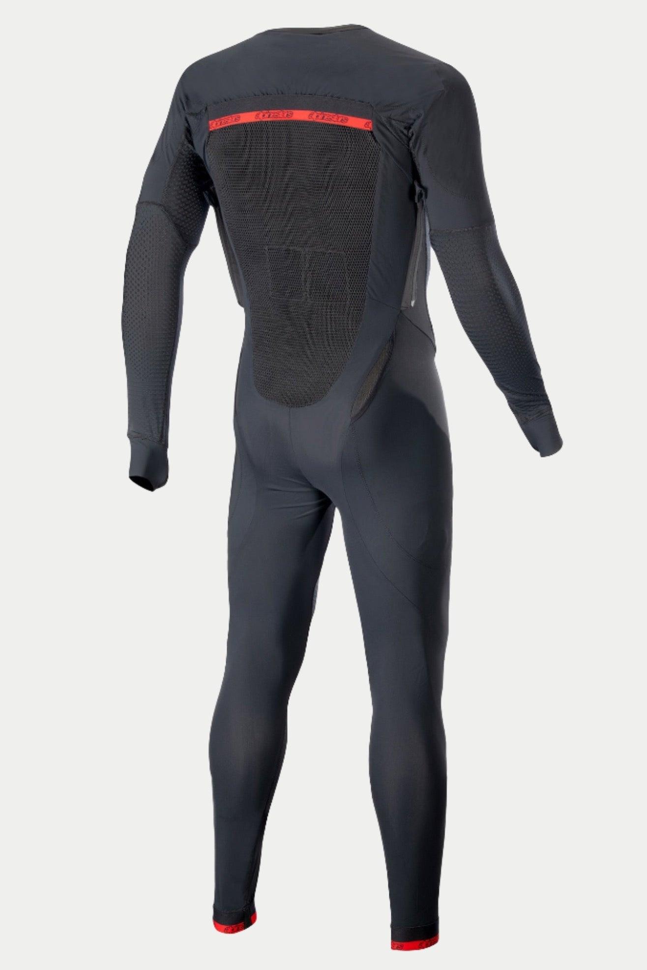Alpinestars Tech-Air 10 Race Systeem Lange Basislaag, zwart en rood heren motoronderpak met ademende mesh-panelen.