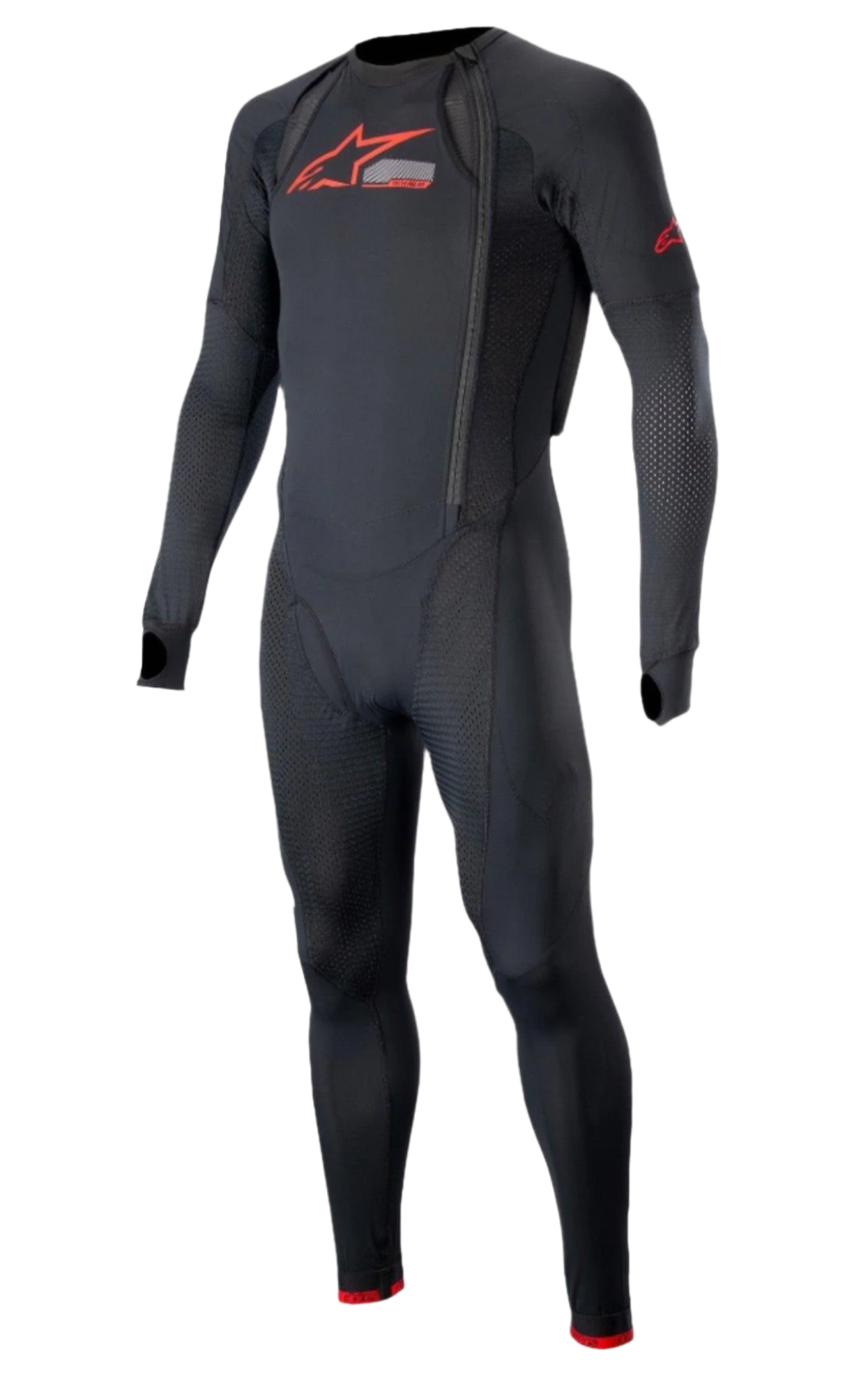 Alpinestars Tech-Air 10 race systeem lange basislaag, heren-motoronderpak, zwart en helder rood, ademende mesh panelen.