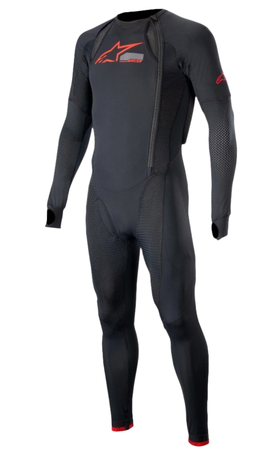 Alpinestars Tech-Air® 10 Race System Long Base Layer, full-body motorcycle undersuit in Black and Bright Red, featuring breathable perforated mesh panels, lateral zippers for airbag integration, thumb loops, and red Alpinestars logos on the chest and arm.