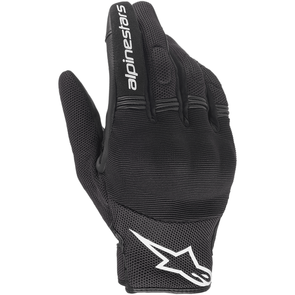 Alpinestars Copper handschoenen, urban motorhandschoenen, zwart en wit, bovenaanzicht van de handrug met mesh- en textielconstructie, wit Alpinestars-logo op de pols en belettering op de wijsvinger, accordeon-stretchpanelen en geïntegreerde knokkelbescherming