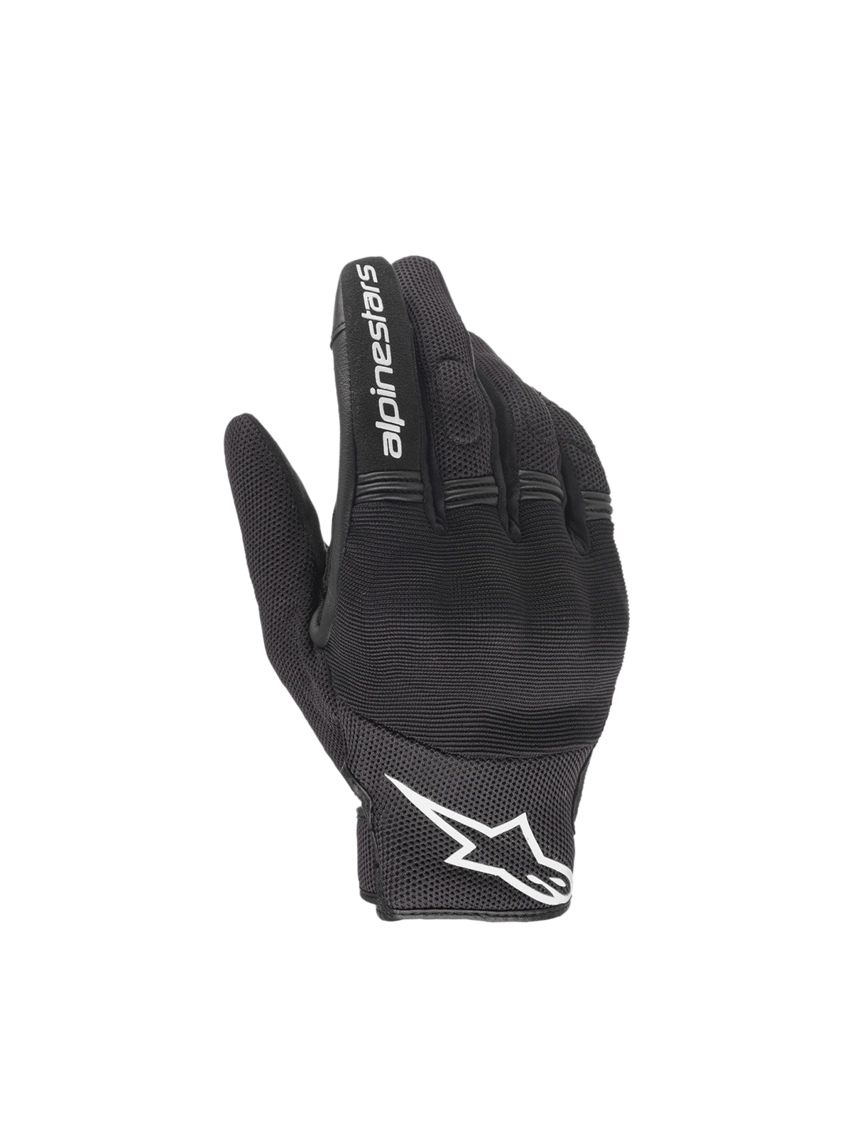 Alpinestars Copper handschoenen, zwarte stedelijke motorhandschoenen van textiel mesh met wit logo en knokkelbescherming.