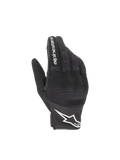 Alpinestars Copper handschoenen, zwarte stedelijke motorhandschoenen van textiel mesh met wit logo en knokkelbescherming.