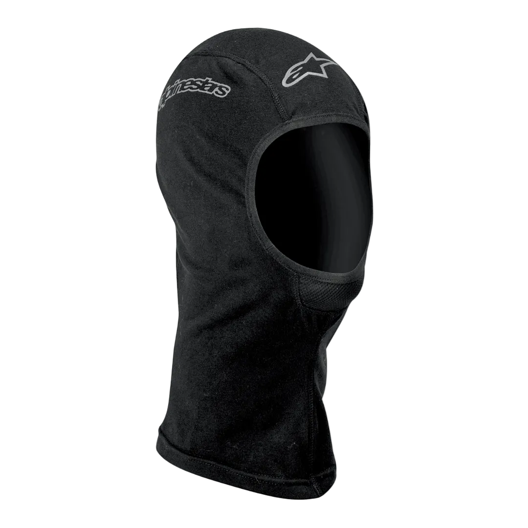 Alpinestars Open-Face bivakmuts, motorbasislaag unisex, zwart, vochtafvoerend textiel met zilveren Alpinestars-logo's, ergonomisch open ontwerp met flatlock-naden en een verlengde nek voor extra windbescherming.