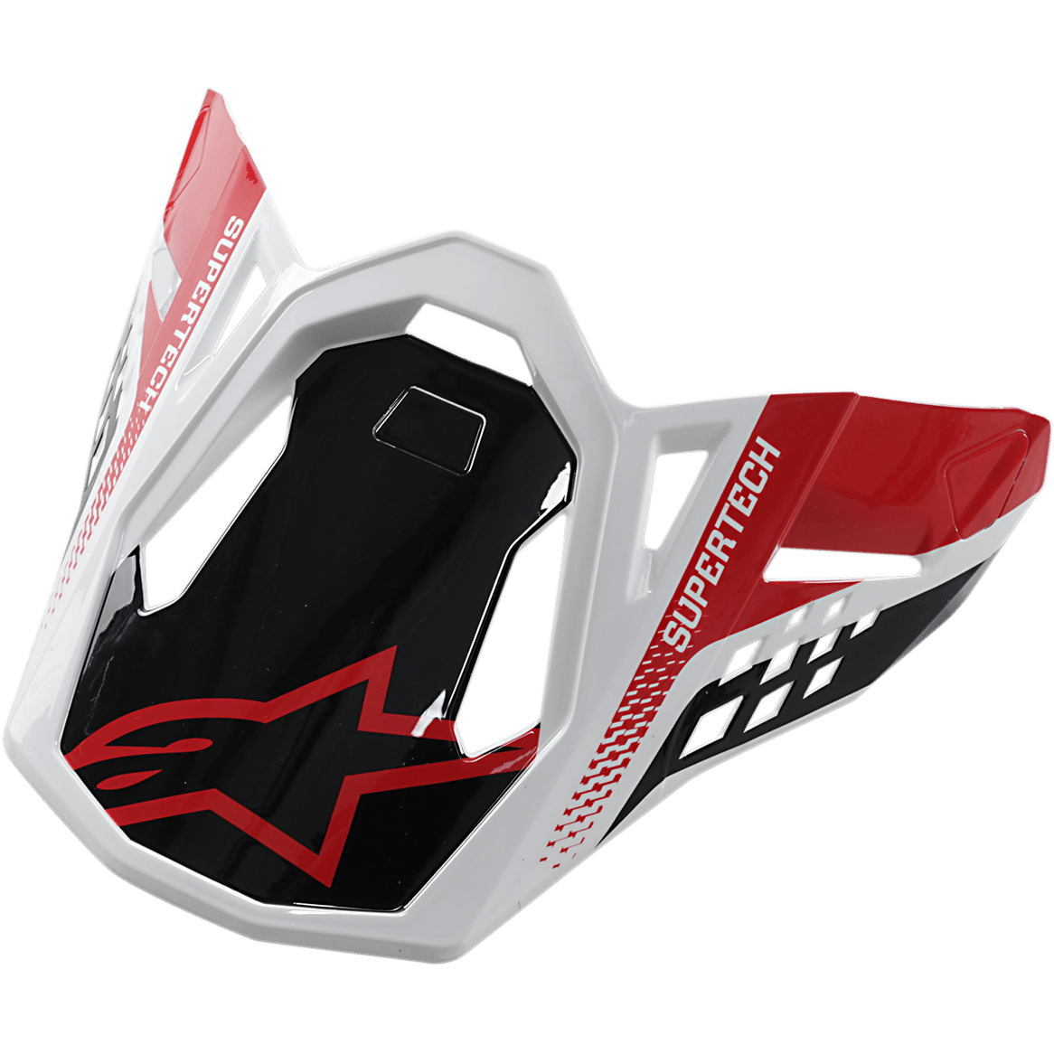 Alpinestars S-M8 Helmet Visor Triple, motorcrosshelmaccessoire, zwart, rood en wit, voorzien van SUPERTECH-branding en rood Alpinestars-logo, hoekig geometrisch ontwerp met een glanzende afwerking, vervangende klep voor de Supertech M8 off-road helm
