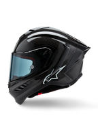 Alpinestars Supertech R10 Solid Helmet, Full-Face Motorcycle Racing Helmet, Black Carbon Matte and Glossy, visible carbon fiber weave pattern, white Alpinestars logo on the side, aerodynamic design with integrated rear spoiler and ventilation ports, side profile view