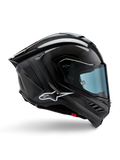Alpinestars Supertech R10 Solid Helmet, Black Carbon Matte and Glossy, Motorcycle Racing Helmet, Carbon Fiber Construction, Side Profile, Blue Tinted Visor, Aerodynamic Design with Winglets, White Logo, High-Performance MotoGP-Level Protection