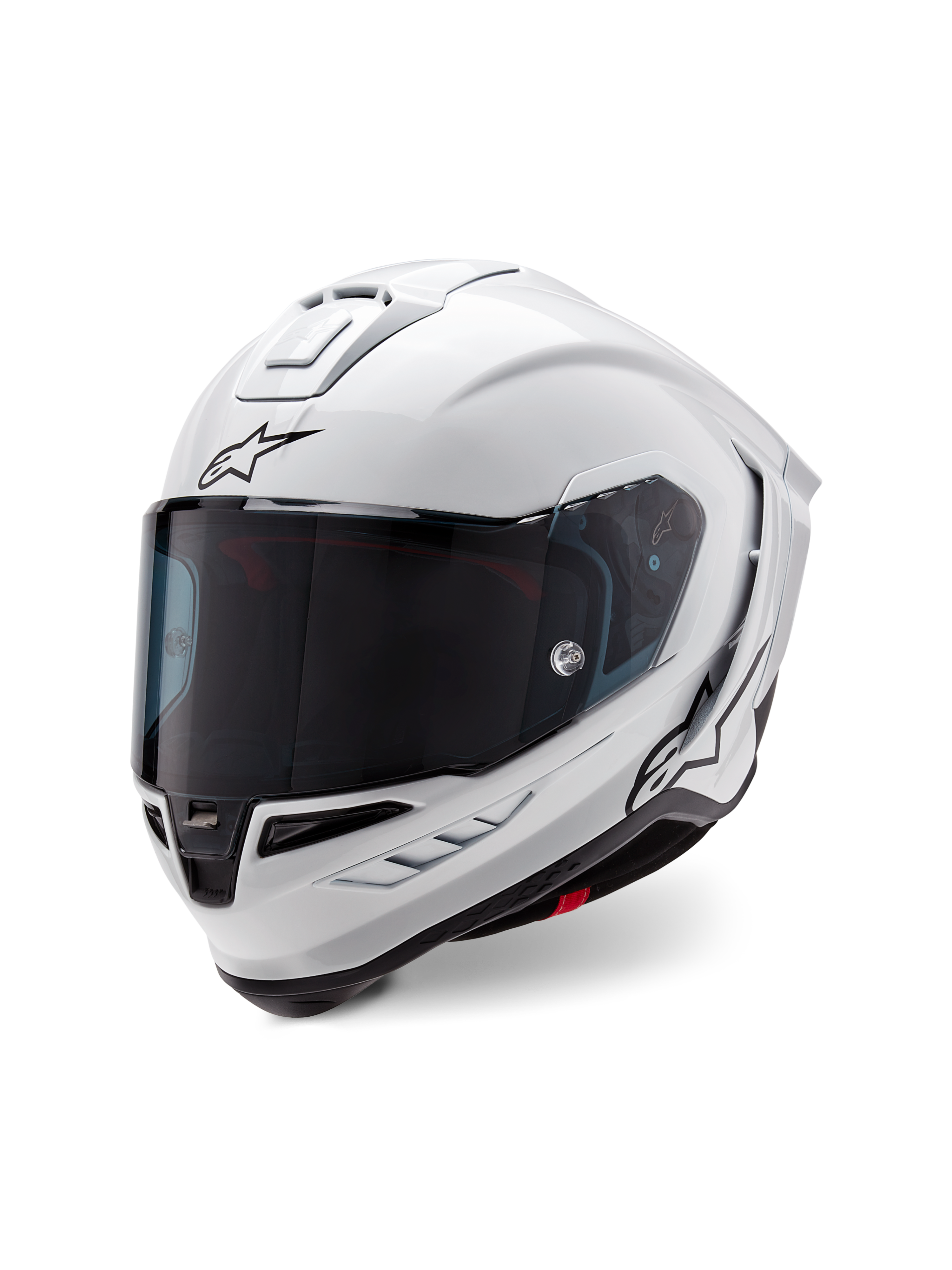 Alpinestars Supertech R10 Solid Helmet, Full-Face Racing Helmet, Glossy White with Black accents, featuring a dark tinted visor, aerodynamic shell design, and Alpinestars logo on the front and side