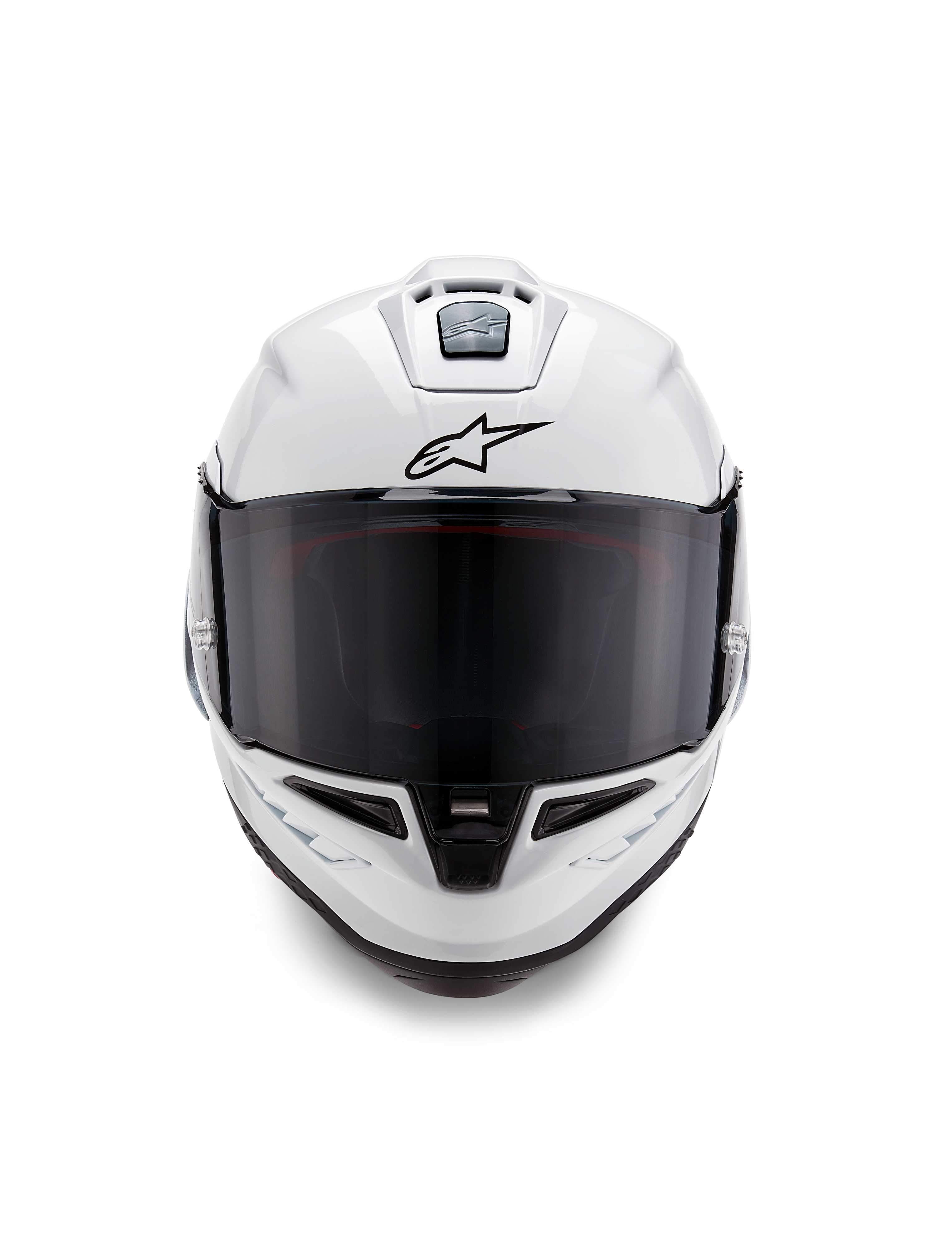 Alpinestars Supertech R10 Solid Helmet, Full-Face Racing Helmet, Glossy White with black details, front view showing dark smoke visor, aerodynamic ventilation system, and black Astars logo
