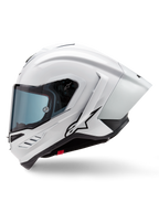 Alpinestars Supertech R10 Solid Helmet, Full-Face Racing Helmet, White Glossy and Black Matte, side profile view with integrated aerodynamic spoiler and tinted visor, featuring a black Alpinestars star logo.