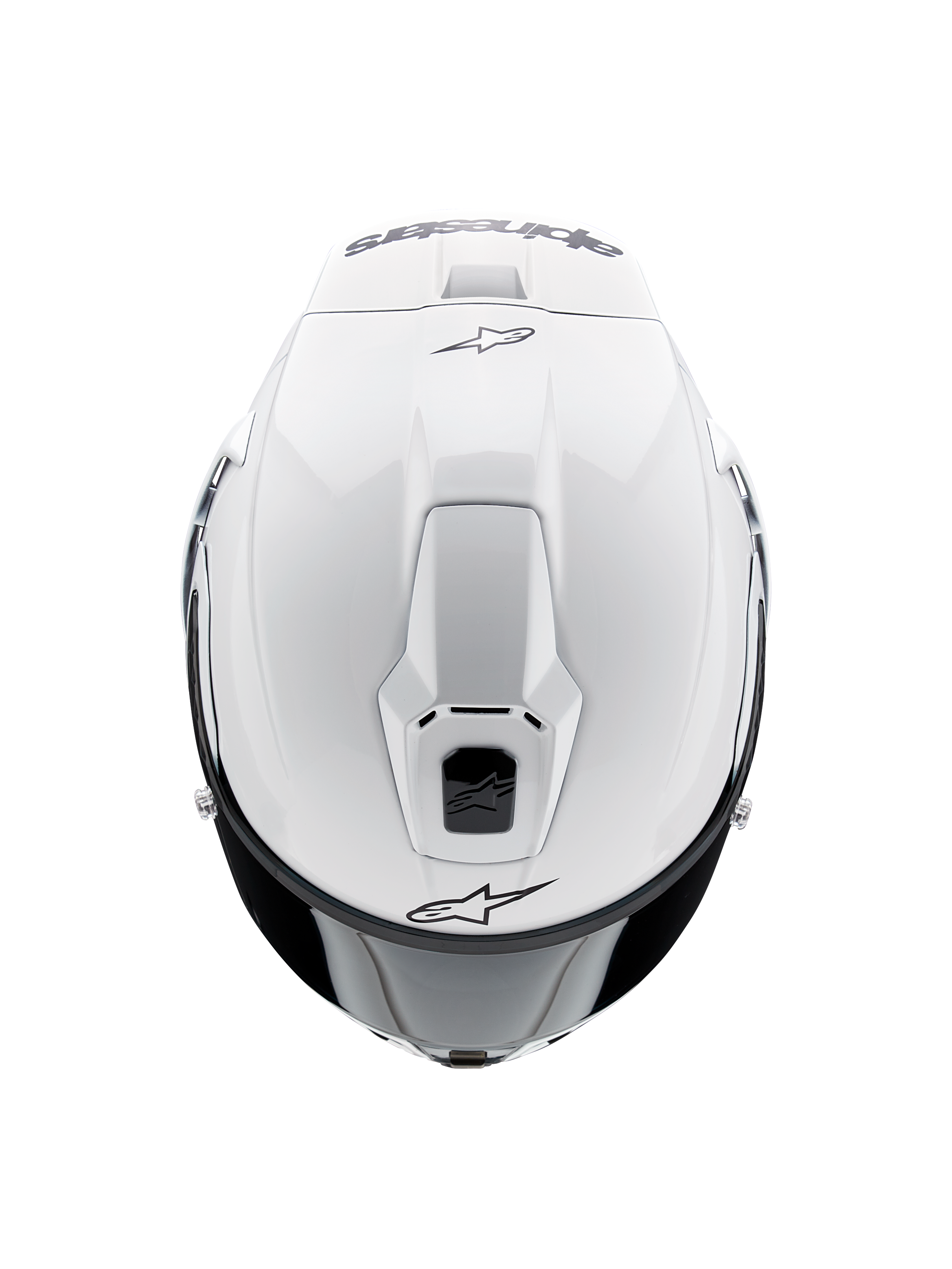 Alpinestars Supertech R10 Solid Helmet, Full-Face Motorcycle Helmet, White Glossy, top-down view highlighting aerodynamic vents and black Alpinestars logos, sleek racing-inspired profile.