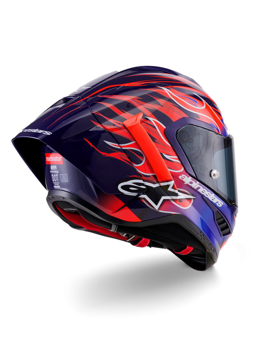 Alpinestars Supertech R10 Limited Edition Flyte Helm, integrale racehelm, glanzend dieppaars en blauw met oranje en rode vlammen-graphics, met wit Alpinestars-logo en aerodynamische achterspoiler, hoogwaardige hoofdbescherming voor de motorsport