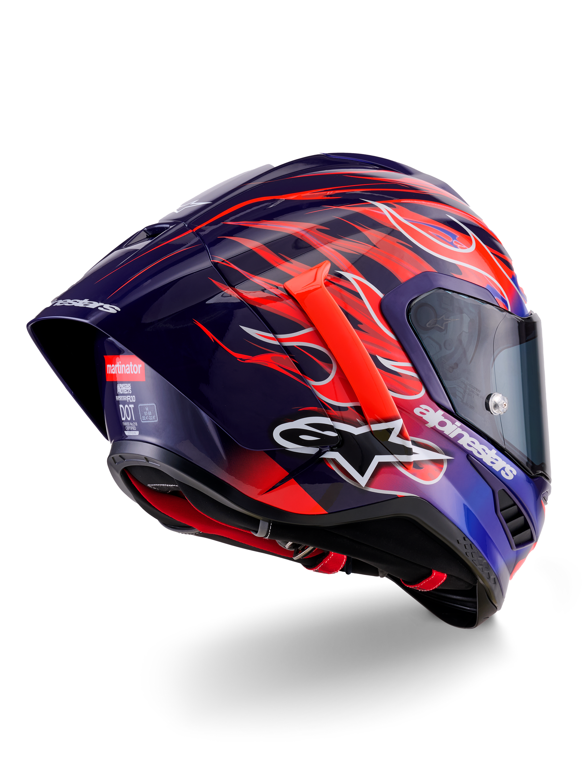 Alpinestars Supertech R10 Limited Edition Flyte Helm, integrale racehelm, glanzend dieppaars en blauw met oranje en rode vlammen-graphics, met wit Alpinestars-logo en aerodynamische achterspoiler, hoogwaardige hoofdbescherming voor de motorsport