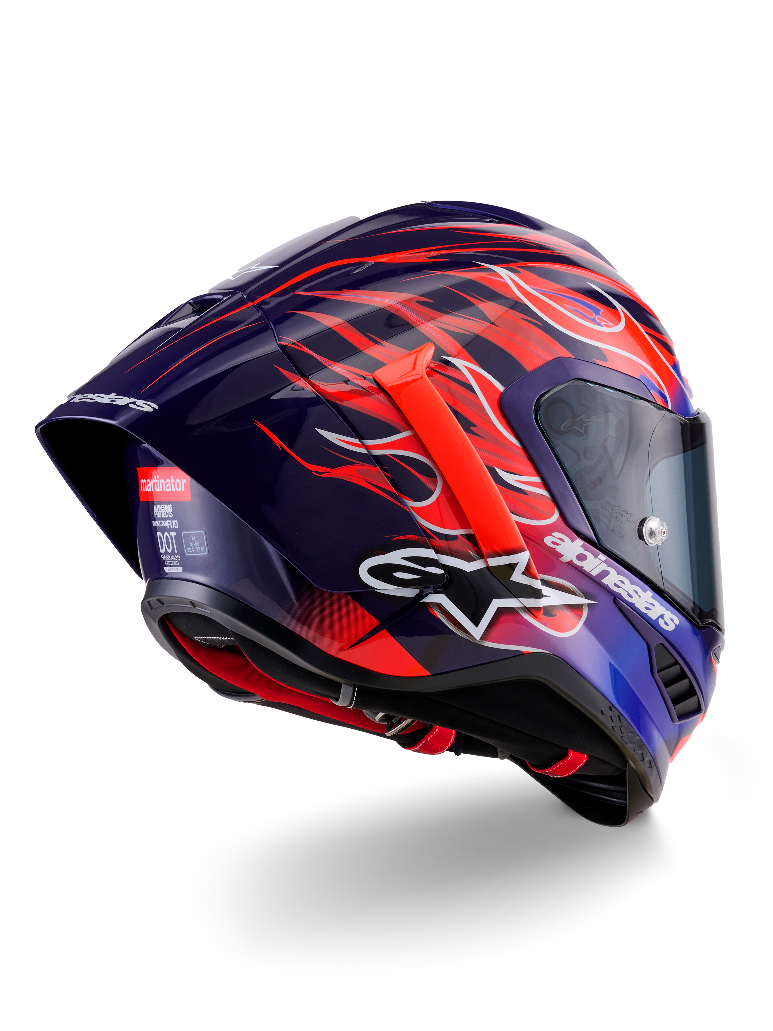 Alpinestars Supertech R10 Limited Edition Flyte Helm, integrale racehelm, glanzend dieppaars en blauw met oranje en rode vlammen-graphics, met wit Alpinestars-logo en aerodynamische achterspoiler, hoogwaardige hoofdbescherming voor de motorsport