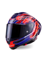 Alpinestars Supertech R10 Limited Edition Flyte helm, integraal racehelm, paars en diepblauw met levendige oranje vlammen-graphics, voorzien van een dark smoke vizier en aerodynamische schaal, hoogwaardige motorsportuitrusting