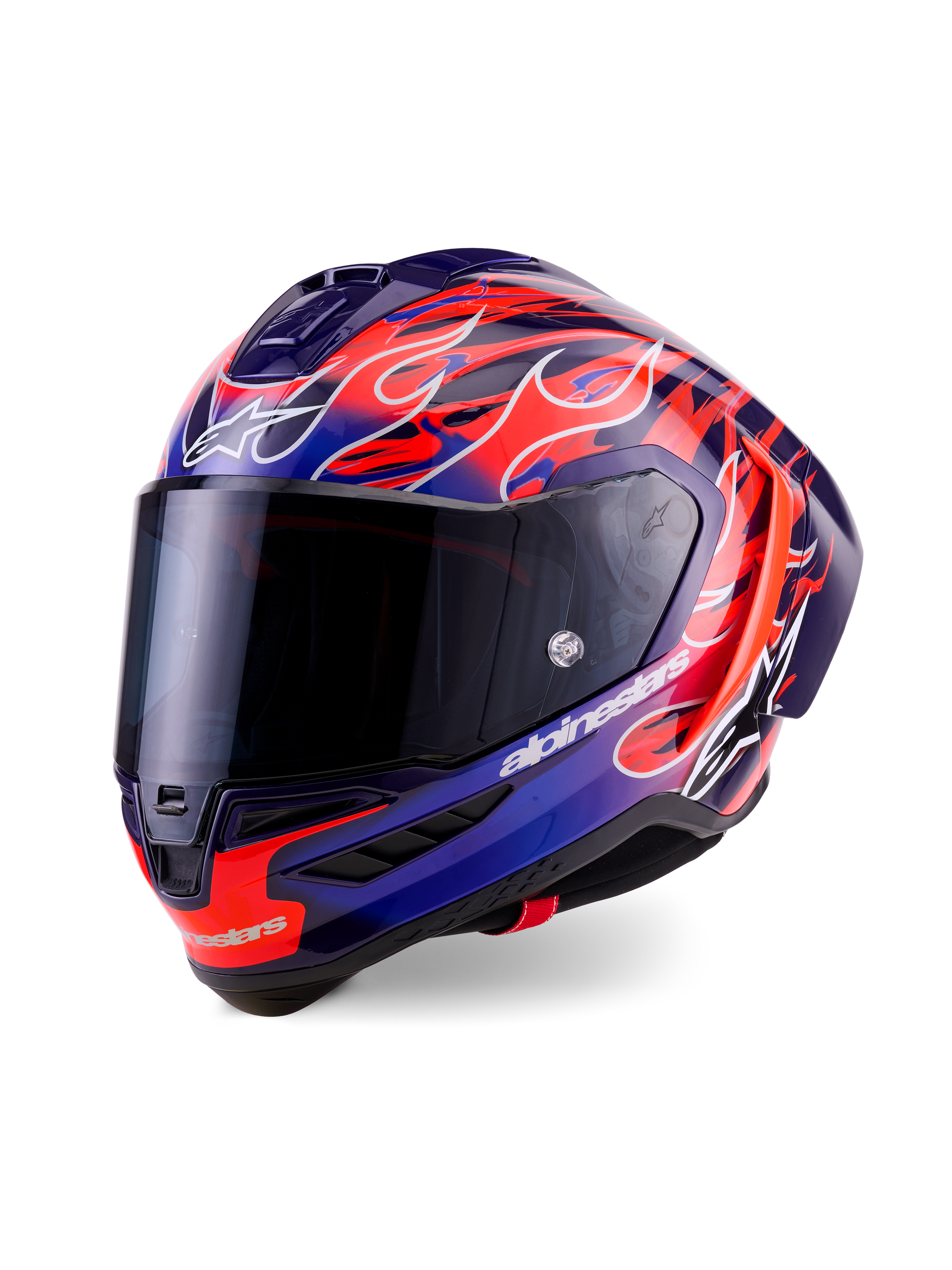 Alpinestars Supertech R10 Limited Edition Flyte helm, integraal racehelm, paars en diepblauw met levendige oranje vlammen-graphics, voorzien van een dark smoke vizier en aerodynamische schaal, hoogwaardige motorsportuitrusting