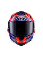 Alpinestars Supertech R10 Limited Edition Flyte helm, integraalracehelm, vooraanzicht, paars en oranje vlammenmotief, donker rookvizier, aerodynamisch ontwerp voor high-performance rijden
