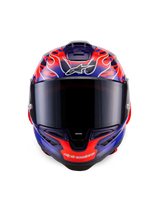 Alpinestars Supertech R10 Limited Edition Flyte helm, integraalracehelm, vooraanzicht, paars en oranje vlammenmotief, donker rookvizier, aerodynamisch ontwerp voor high-performance rijden