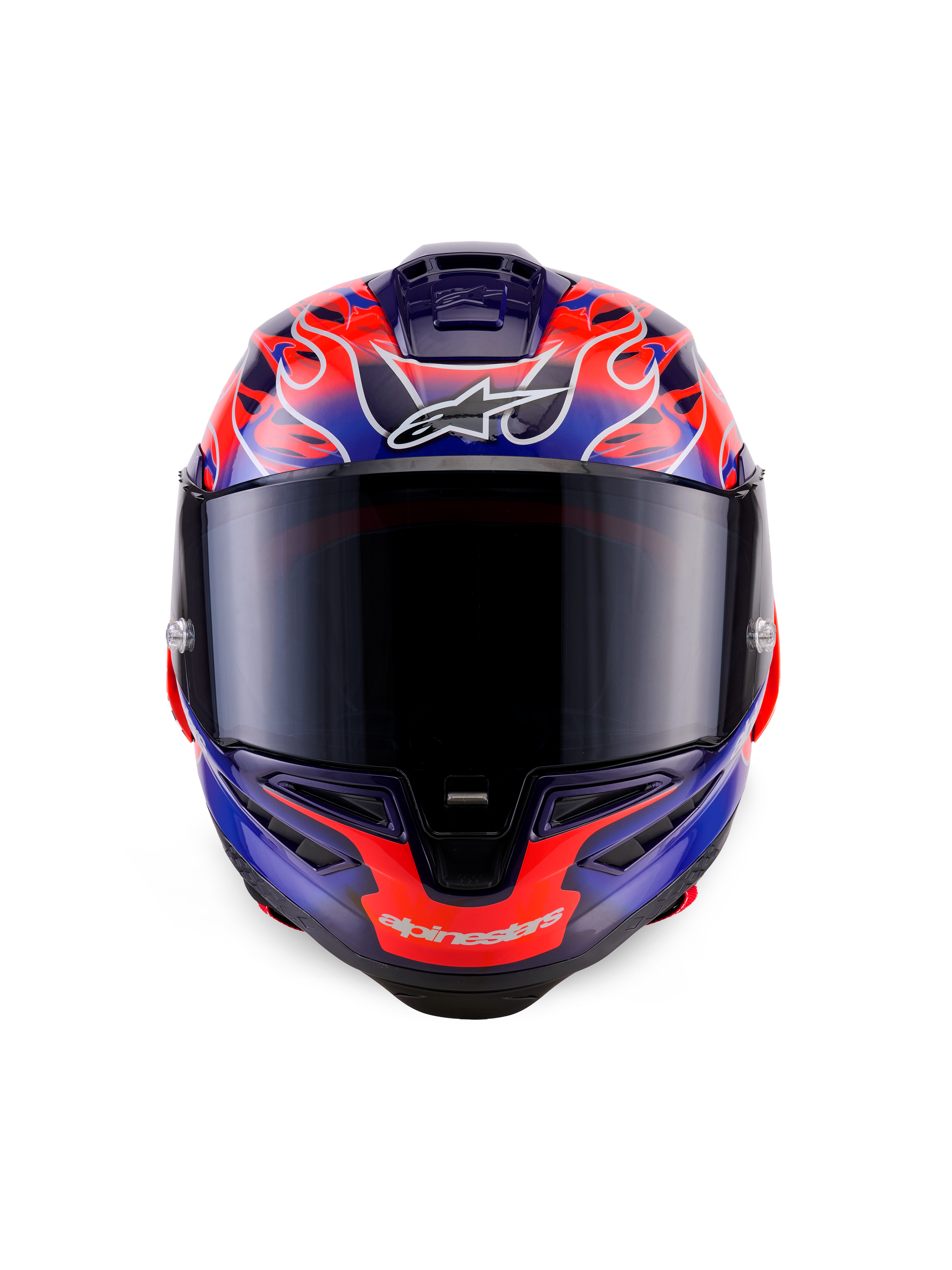 Alpinestars Supertech R10 Limited Edition Flyte helm, integraalracehelm, vooraanzicht, paars en oranje vlammenmotief, donker rookvizier, aerodynamisch ontwerp voor high-performance rijden