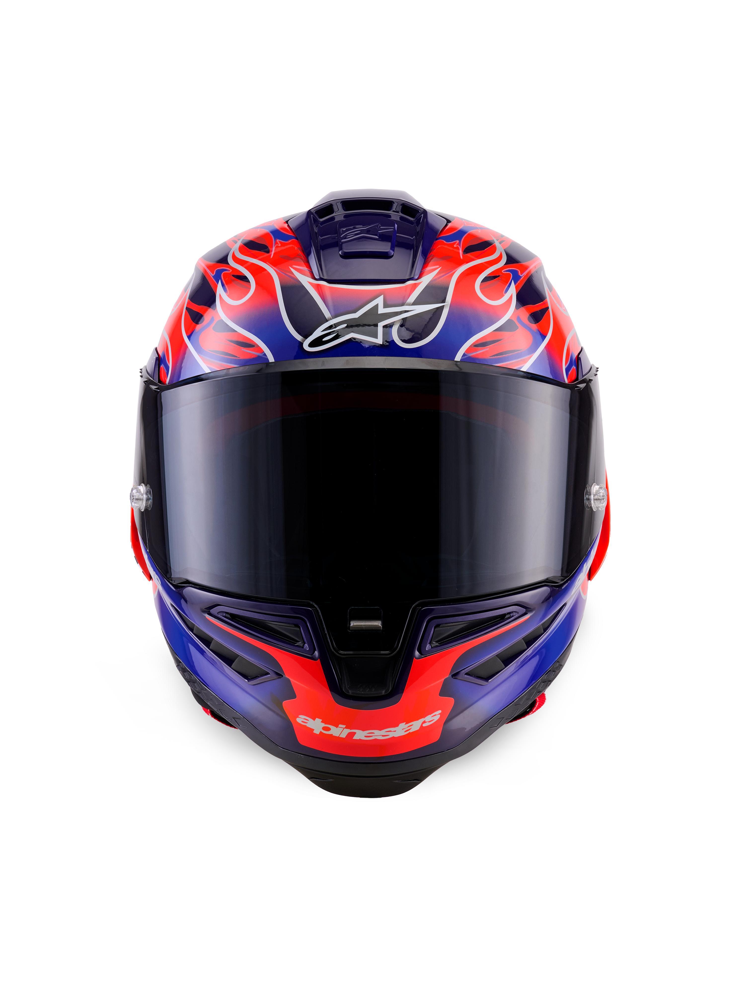 Alpinestars Supertech R10 Limited Edition Flyte helm, integraalracehelm, vooraanzicht, paars en oranje vlammenmotief, donker rookvizier, aerodynamisch ontwerp voor high-performance rijden