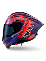 Alpinestars Supertech R10 Limited Edition Flyte helm, integrale racehelm, glanzend paars en rood met vlammenmotief, met donker getint vizier en aerodynamische achterspoiler