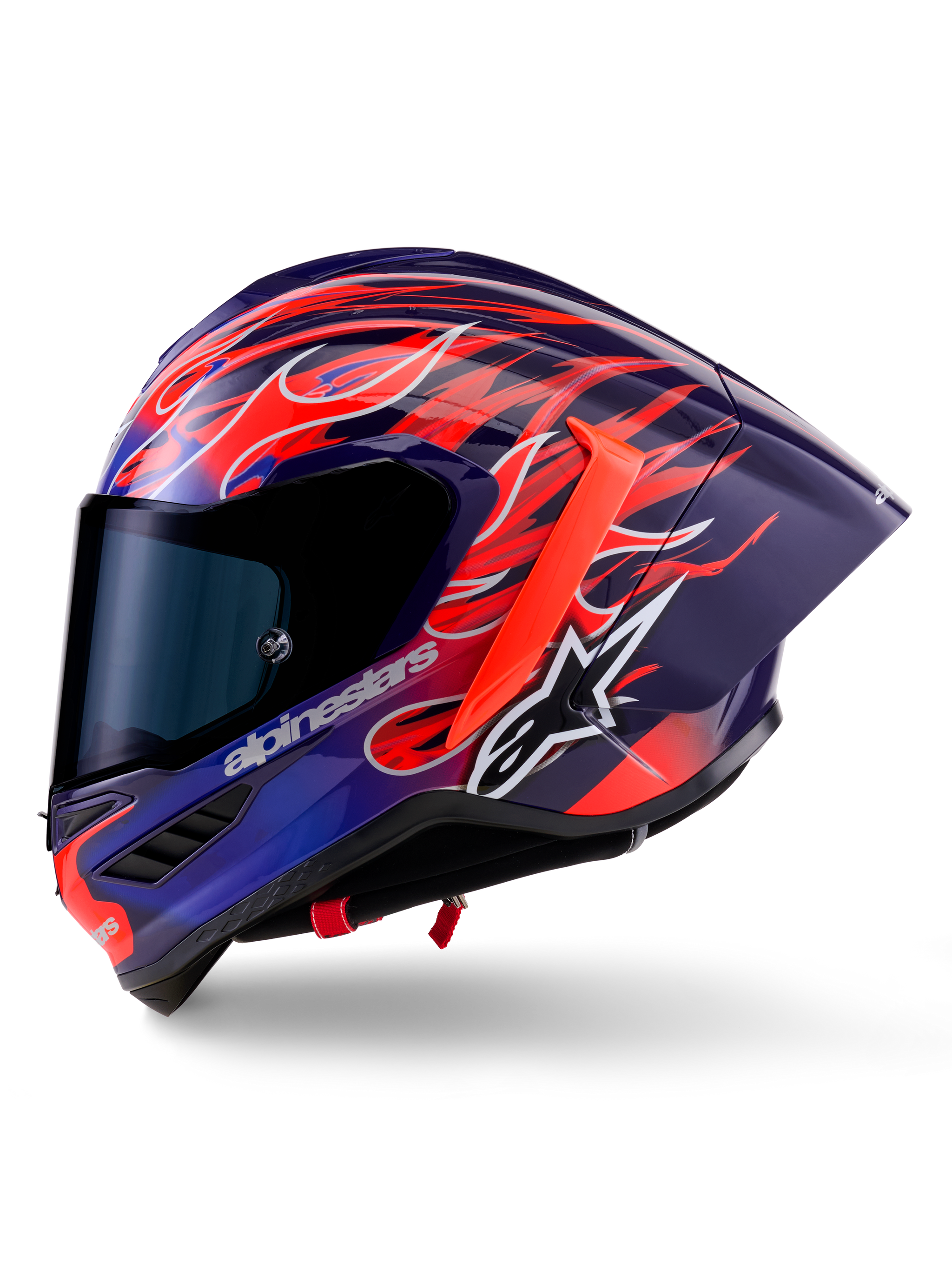 Alpinestars Supertech R10 Limited Edition Flyte helm, integrale racehelm, glanzend paars en rood met vlammenmotief, met donker getint vizier en aerodynamische achterspoiler