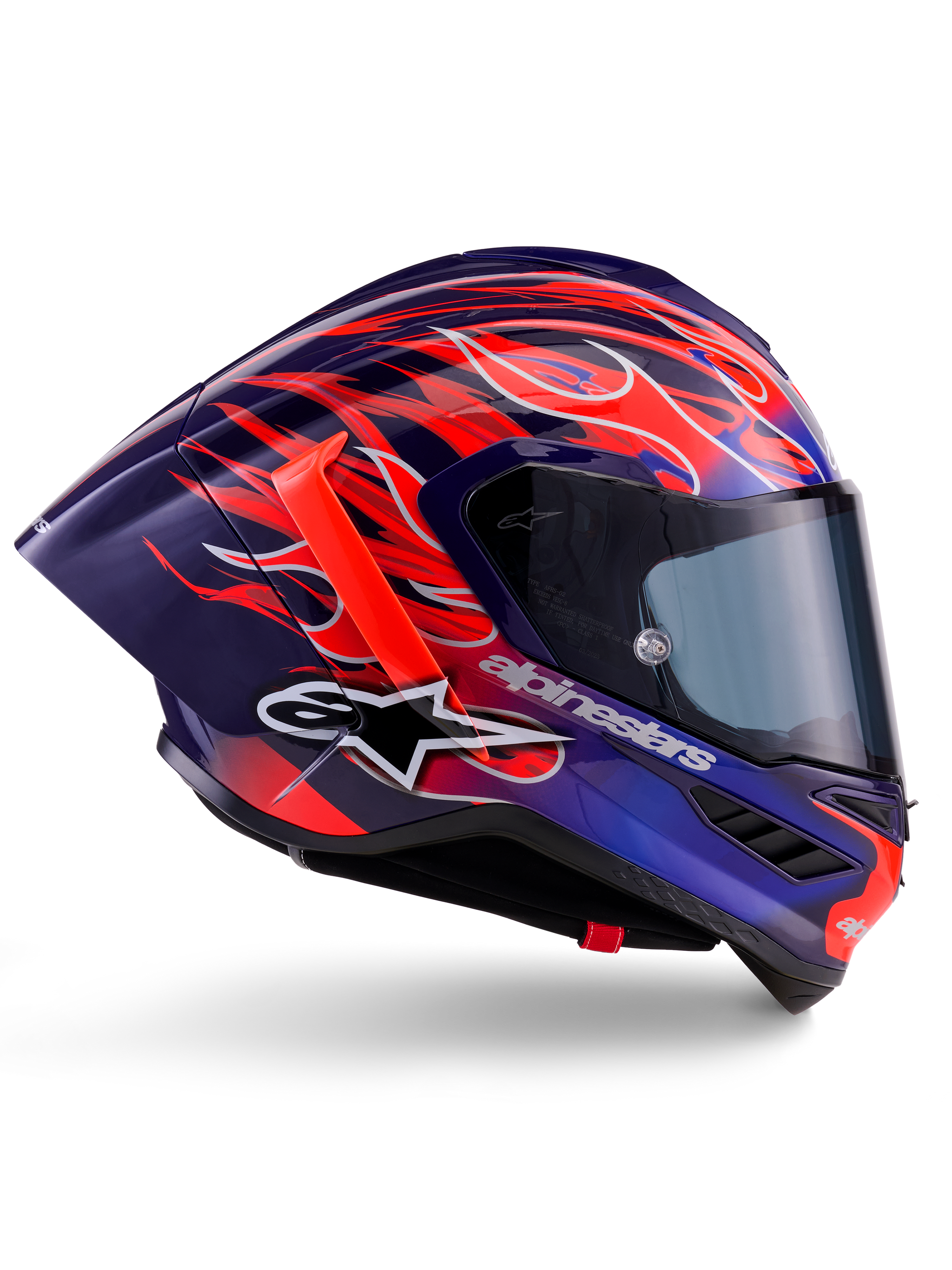 Alpinestars Supertech R10 Limited Edition Flyte Helm, Purple Red Glossy, integraal motorhelm met diepblauwe en paarse basis met levendige oranje en rode vlammotieven, aerodynamisch profiel met een rode achterspoiler en donkergetint vizier, professionele race-uitrusting