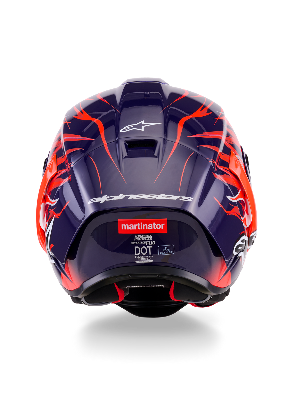 Achteraanzicht van de Alpinestars Supertech R10 Limited Edition Flyte Helm, met een donkerpaarse glanzende schaal met levendige oranje vlammen-graphics, witte Alpinestars-branding en het 'martinator'-logo op de achterkant.