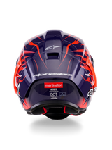 Achteraanzicht van de Alpinestars Supertech R10 Limited Edition Flyte Helm, met een donkerpaarse glanzende schaal met levendige oranje vlammen-graphics, witte Alpinestars-branding en het 'martinator'-logo op de achterkant.