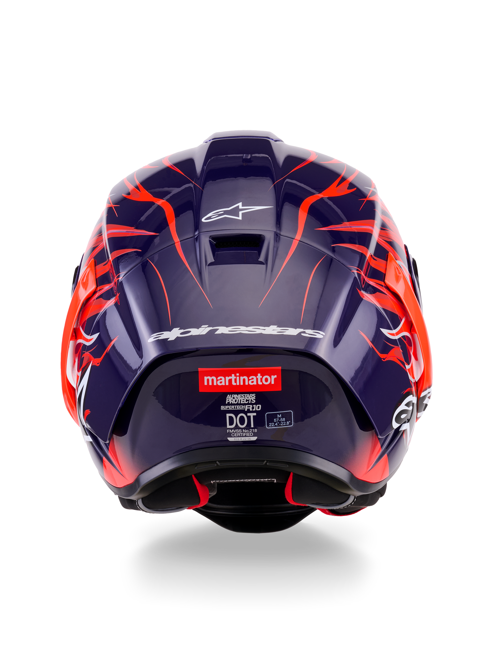 Achteraanzicht van de Alpinestars Supertech R10 Limited Edition Flyte Helm, met een donkerpaarse glanzende schaal met levendige oranje vlammen-graphics, witte Alpinestars-branding en het 'martinator'-logo op de achterkant.