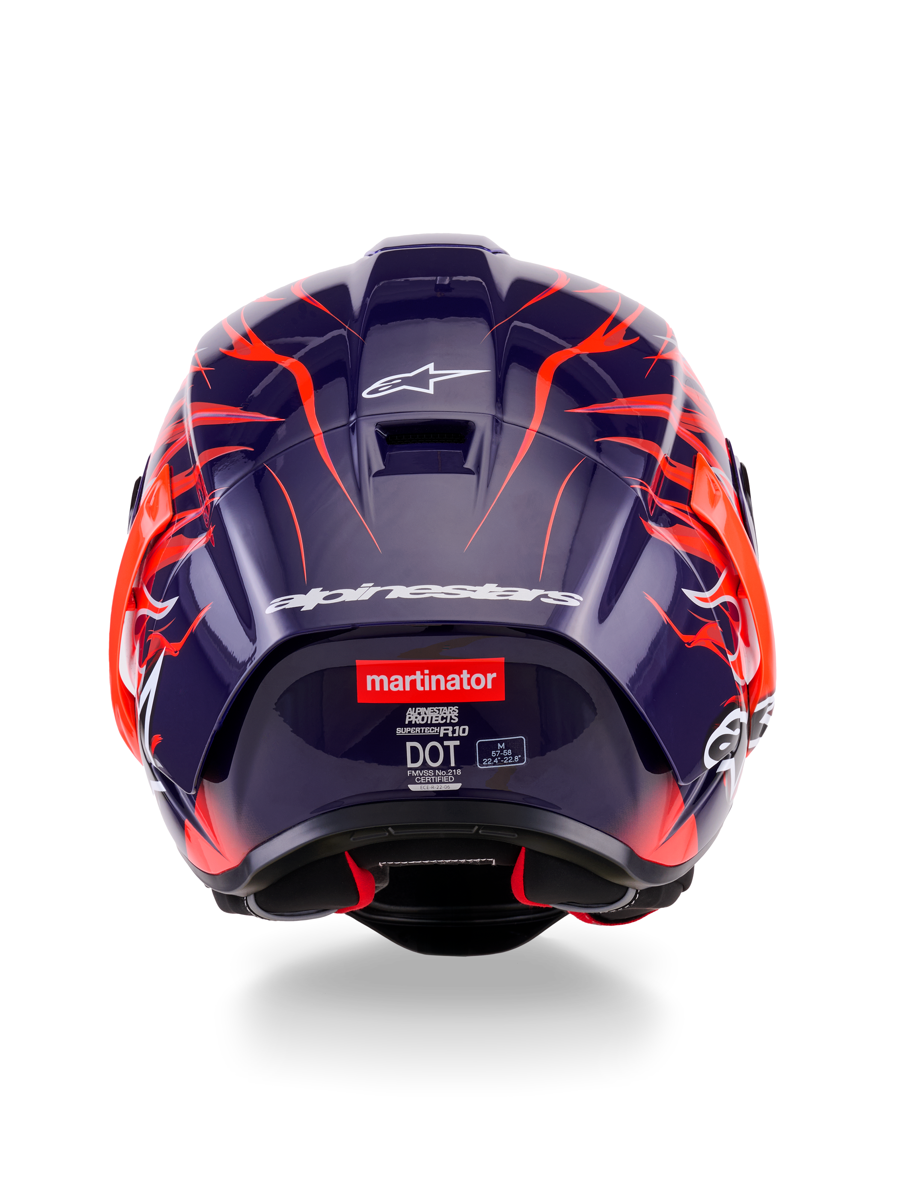 Achteraanzicht van de Alpinestars Supertech R10 Limited Edition Flyte Helm, met een donkerpaarse glanzende schaal met levendige oranje vlammen-graphics, witte Alpinestars-branding en het 'martinator'-logo op de achterkant.