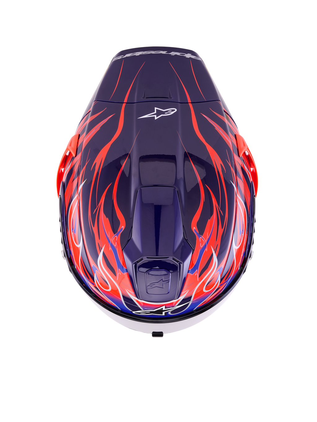 Alpinestars Supertech R10 Limited Edition Flyte helm, integraal racehelm, glanzend paars-rood met diepblauwe en feloranje vlammotieven, bovenaanzicht met ventilatieopeningen en Alpinestars-logo, professioneel aerodynamisch ontwerp voor topprestaties