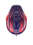 Alpinestars Supertech R10 Limited Edition Flyte helm, integraal racehelm, glanzend paars-rood met diepblauwe en feloranje vlammotieven, bovenaanzicht met ventilatieopeningen en Alpinestars-logo, professioneel aerodynamisch ontwerp voor topprestaties