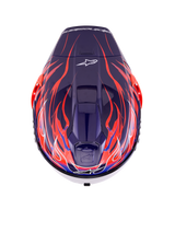 Alpinestars Supertech R10 Limited Edition Flyte helm, integraal racehelm, glanzend paars-rood met diepblauwe en feloranje vlammotieven, bovenaanzicht met ventilatieopeningen en Alpinestars-logo, professioneel aerodynamisch ontwerp voor topprestaties