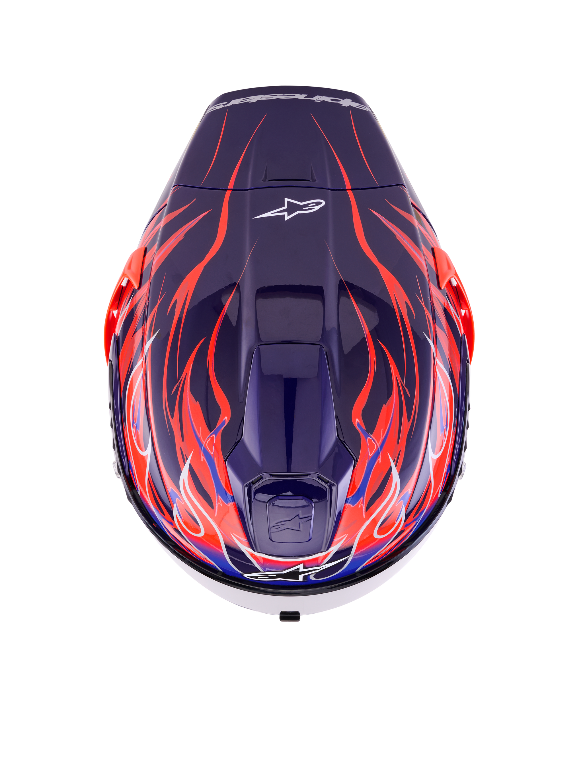 Alpinestars Supertech R10 Limited Edition Flyte helm, integraal racehelm, glanzend paars-rood met diepblauwe en feloranje vlammotieven, bovenaanzicht met ventilatieopeningen en Alpinestars-logo, professioneel aerodynamisch ontwerp voor topprestaties