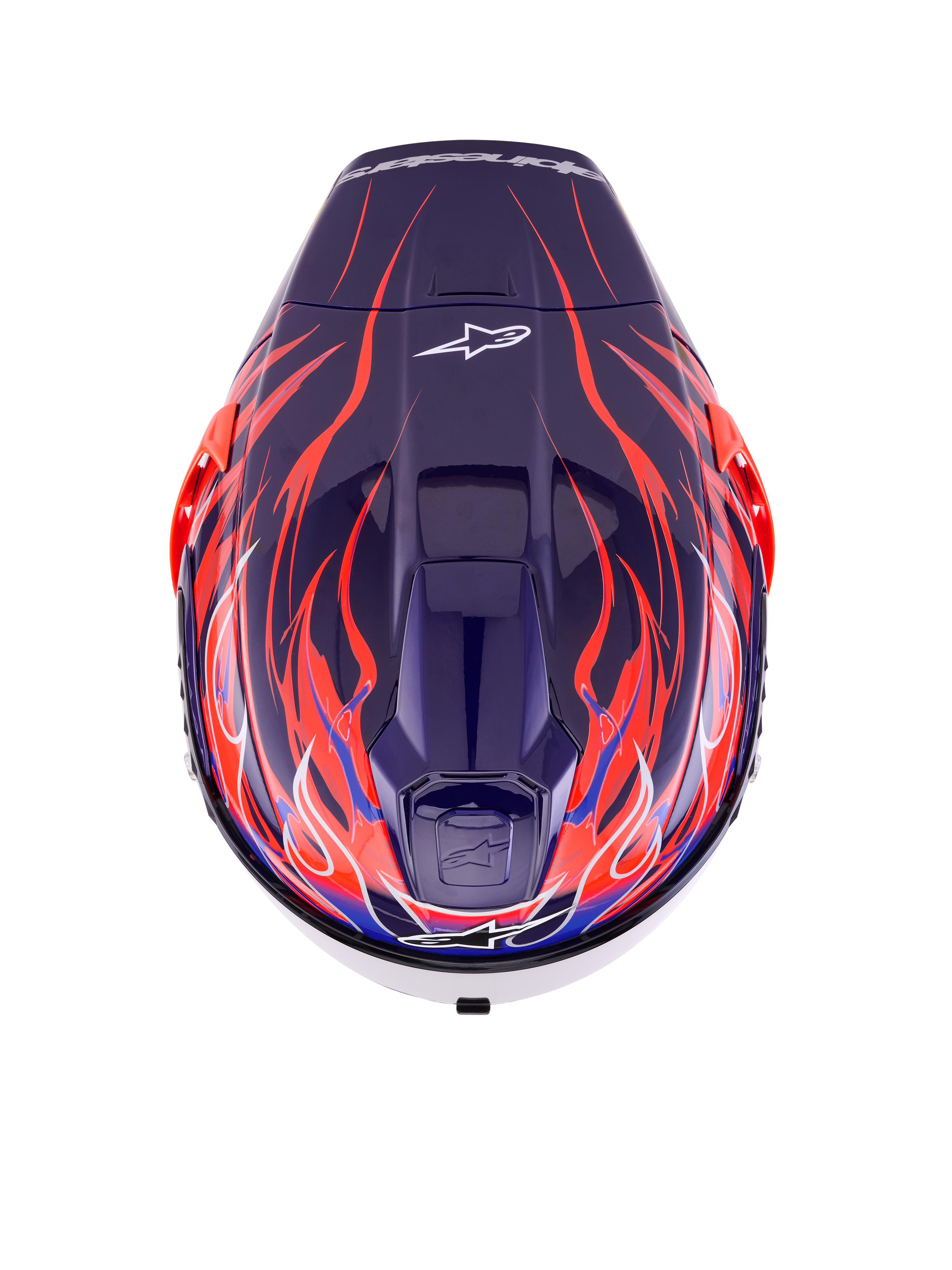 Alpinestars Supertech R10 Limited Edition Flyte helm, integraal racehelm, glanzend paars-rood met diepblauwe en feloranje vlammotieven, bovenaanzicht met ventilatieopeningen en Alpinestars-logo, professioneel aerodynamisch ontwerp voor topprestaties