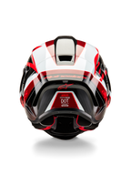 Alpinestars Supertech R10 Team Helmet, Rear View, Black Carbon Red and White Glossy, aerodynamic shell design with bold red and white panels, featuring Alpinestars branding on the spoiler and a red star logo, professional racing motorcycle helmet
