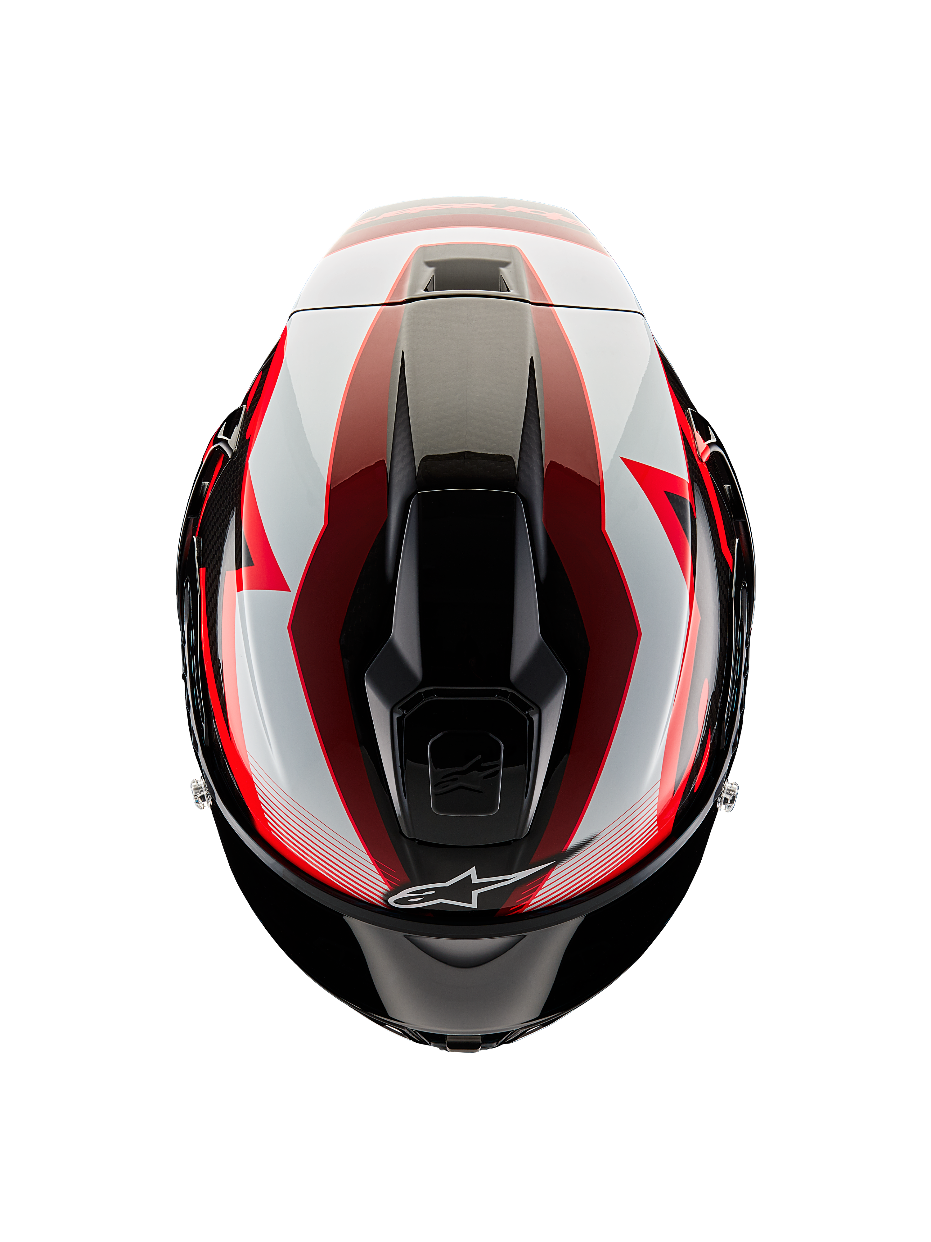 Alpinestars Supertech R10 Team Helmet, Top-down view, Black Carbon Red and White Glossy, aerodynamic shell with central ventilation ports and bold racing graphics, professional sport motorcycle helmet.