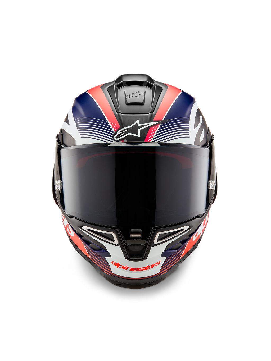 Alpinestars Supertech R10 Team Helmet, Full-face Motorcycle Racing Helmet, Black Carbon with Matte Blue and Red Fluo Graphics, Front View with Dark Smoke Visor, aerodynamic design with integrated air vents, high-performance racing gear