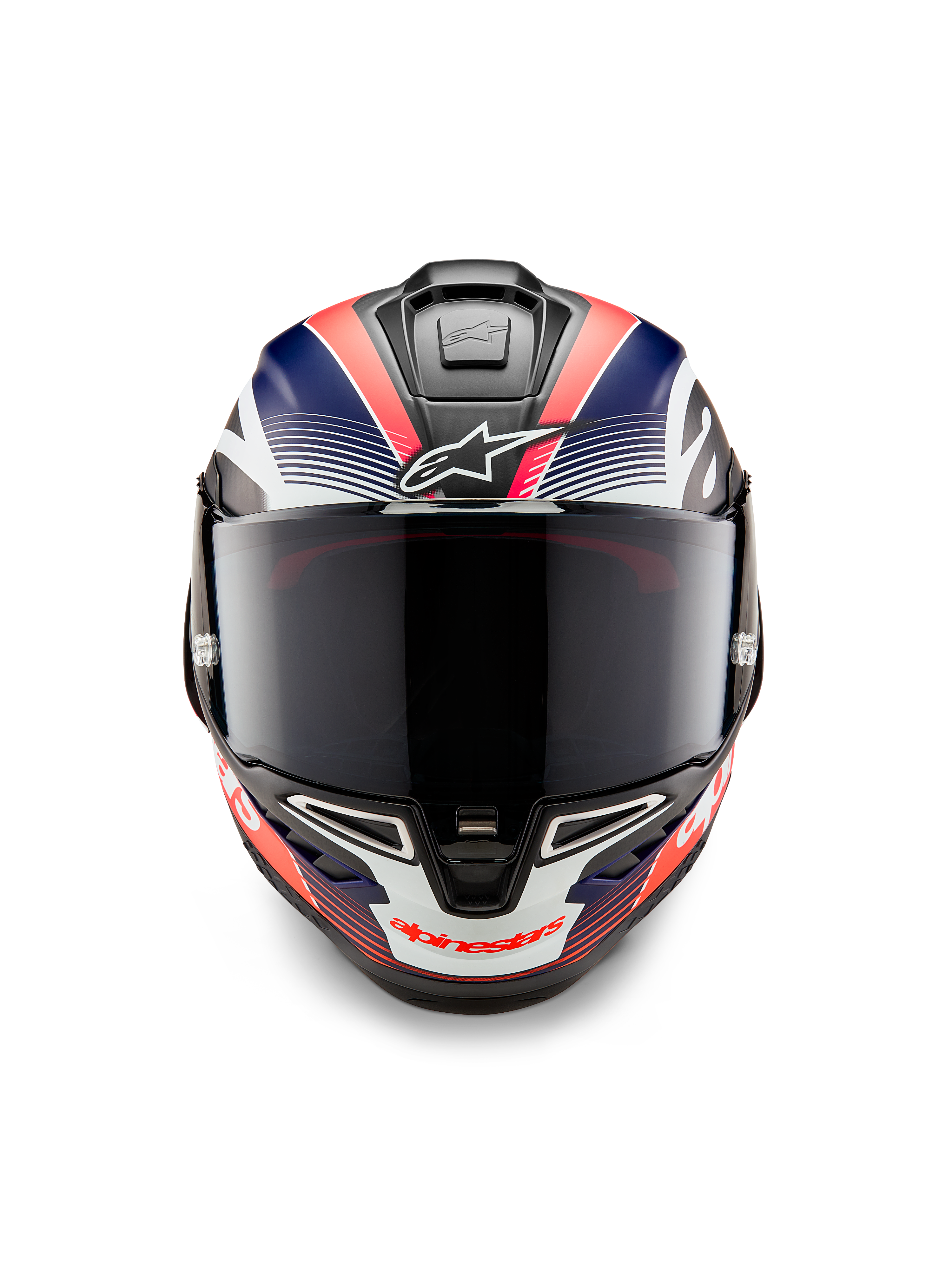 Alpinestars Supertech R10 Team Helmet, Full-face Motorcycle Racing Helmet, Black Carbon with Matte Blue and Red Fluo Graphics, Front View with Dark Smoke Visor, aerodynamic design with integrated air vents, high-performance racing gear