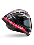 Alpinestars Supertech R10 Team Helmet, Motorcycle Racing Helmet, Black Carbon with Red Fluo and Blue Matte accents, featuring large white Alpinestars branding, aerodynamic design with integrated spoilers, clear visor, visible carbon fiber texture, sleek racing profile