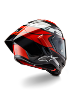 Alpinestars Supertech R10 Element helm, zwart carbon, felrood en glanzend wit, driekwart achteraanzicht met grote aerodynamische spoiler en carbonvezel schaal, voorzien van opvallende Alpinestars-logo's en DOT-certificering