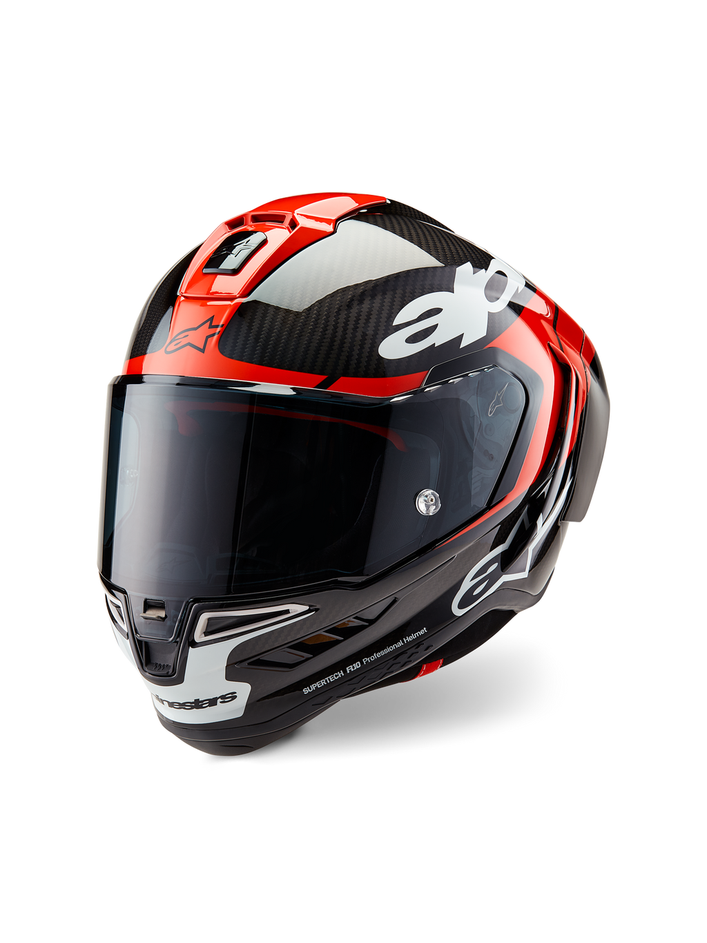 Alpinestars Supertech R10 Element helm, race-motorhelm, zwart carbon, helderrood en glanzend wit, driekwart vooraanzicht met een donker getint vizier, met een glanzende carbon schaal, rode ventilatieopeningen bovenop, witte accenten op de kin en opvallende Alpinestars-branding, ontworpen voor aerodynamische raceprestaties.