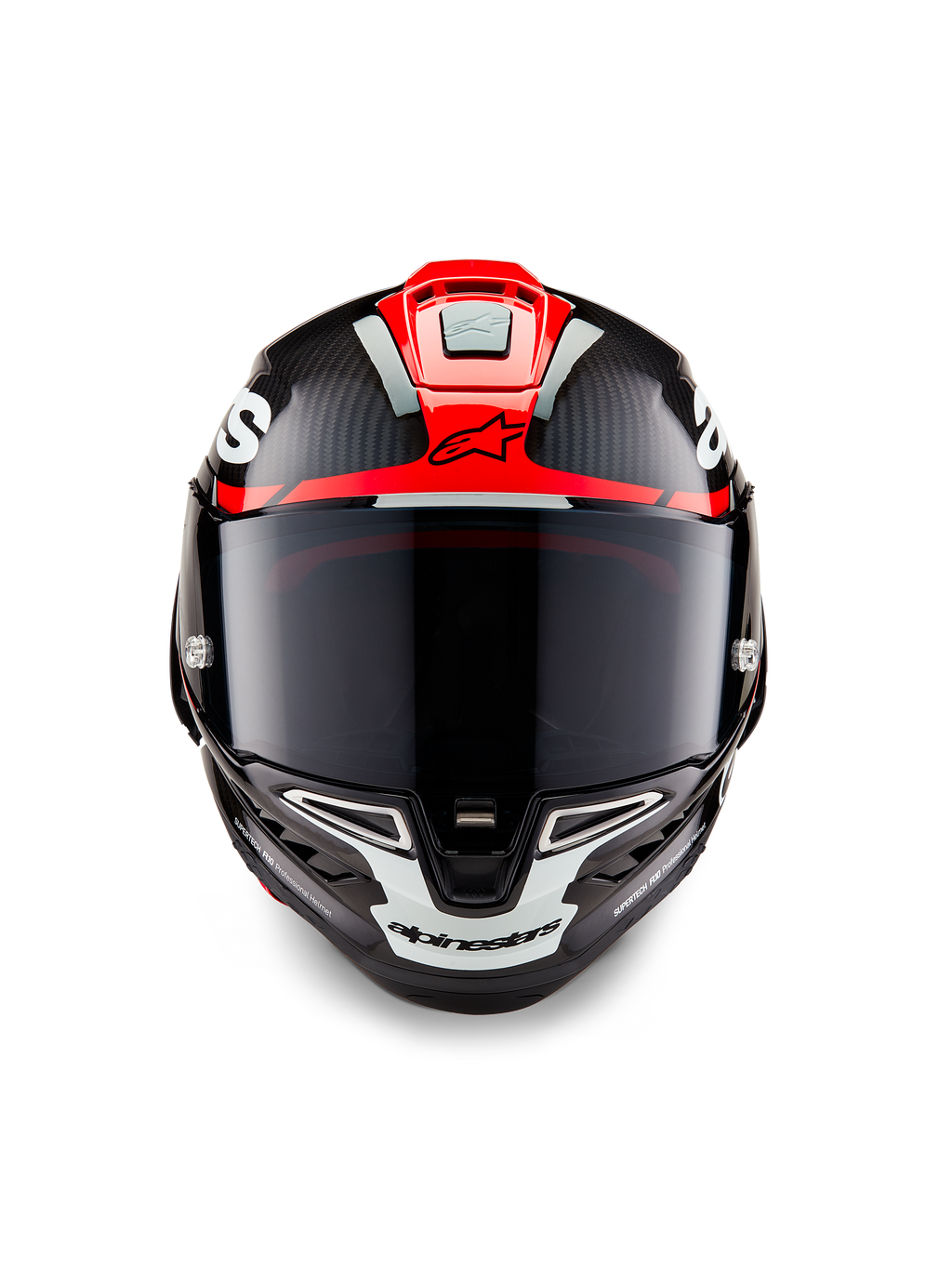 Alpinestars Supertech R10 Element Helm, zwart carbon met felrode en witte glanzende graphics, vooraanzicht met een donker getint vizier, zichtbare koolstofvezelstructuur en geïntegreerde ventilatie, professionele motorhelm van racekwaliteit