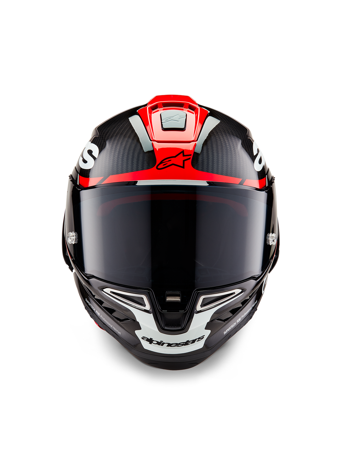 Alpinestars Supertech R10 Element Helm, zwart carbon met felrode en witte glanzende graphics, vooraanzicht met een donker getint vizier, zichtbare koolstofvezelstructuur en geïntegreerde ventilatie, professionele motorhelm van racekwaliteit
