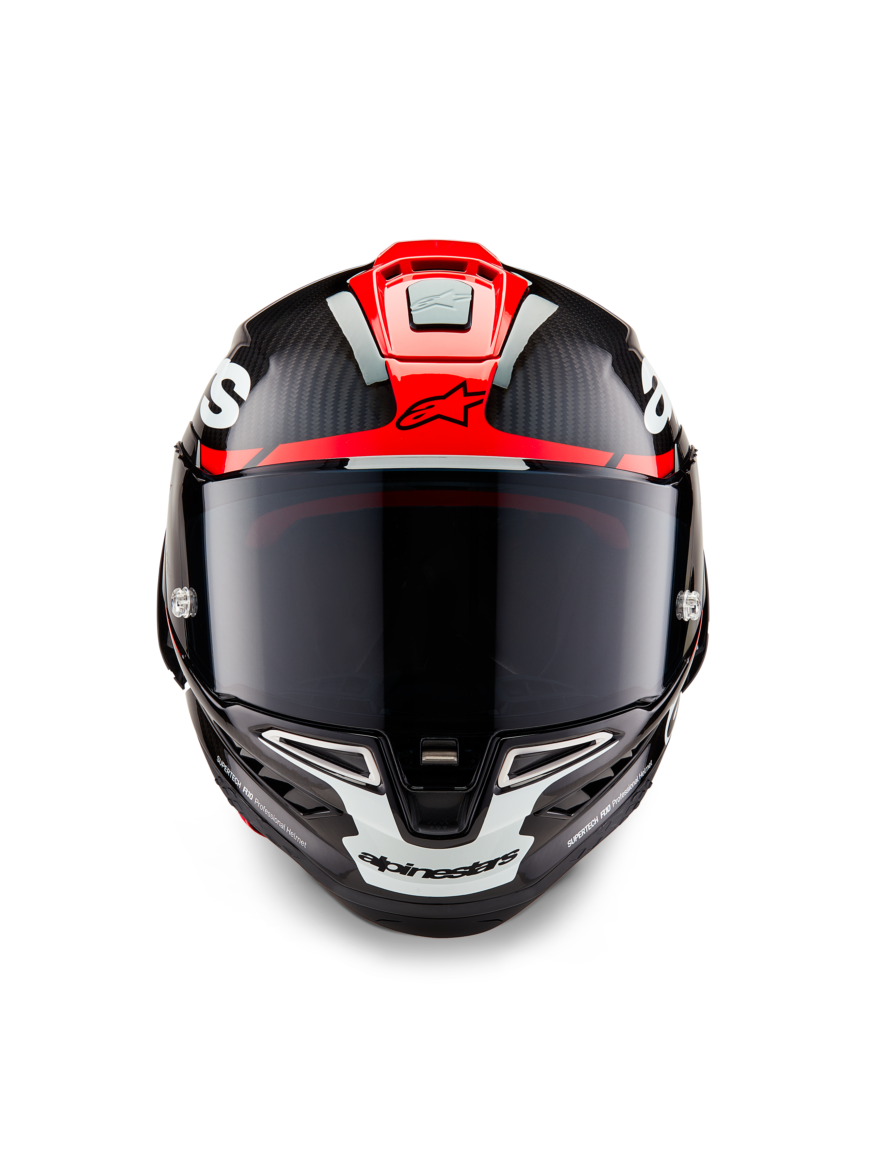 Alpinestars Supertech R10 Element Helm, zwart carbon met felrode en witte glanzende graphics, vooraanzicht met een donker getint vizier, zichtbare koolstofvezelstructuur en geïntegreerde ventilatie, professionele motorhelm van racekwaliteit