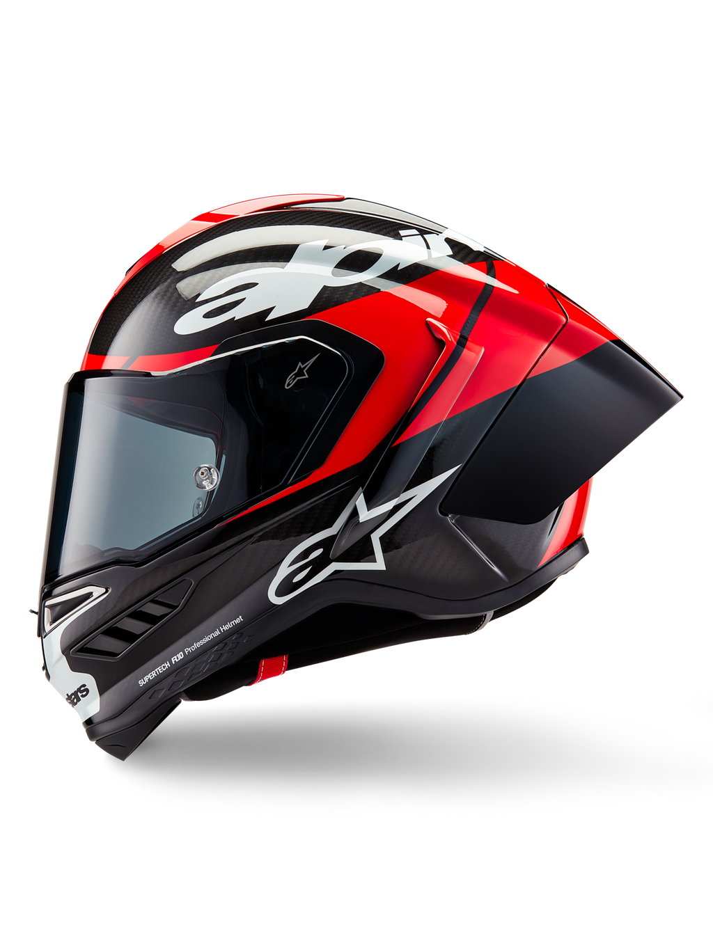Alpinestars Supertech R10 Element helm, integrale racehelm, glanzend zwart carbon, felrood en wit, zijprofiel met aerodynamische koolstofvezel schaal en zichtbaar weefsel, witte Alpinestars-branding en geïntegreerde achterspoiler