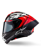 Alpinestars Supertech R10 Element helm, integrale racehelm, glanzend zwart carbon, felrood en wit, zijprofiel met aerodynamische koolstofvezel schaal en zichtbaar weefsel, witte Alpinestars-branding en geïntegreerde achterspoiler