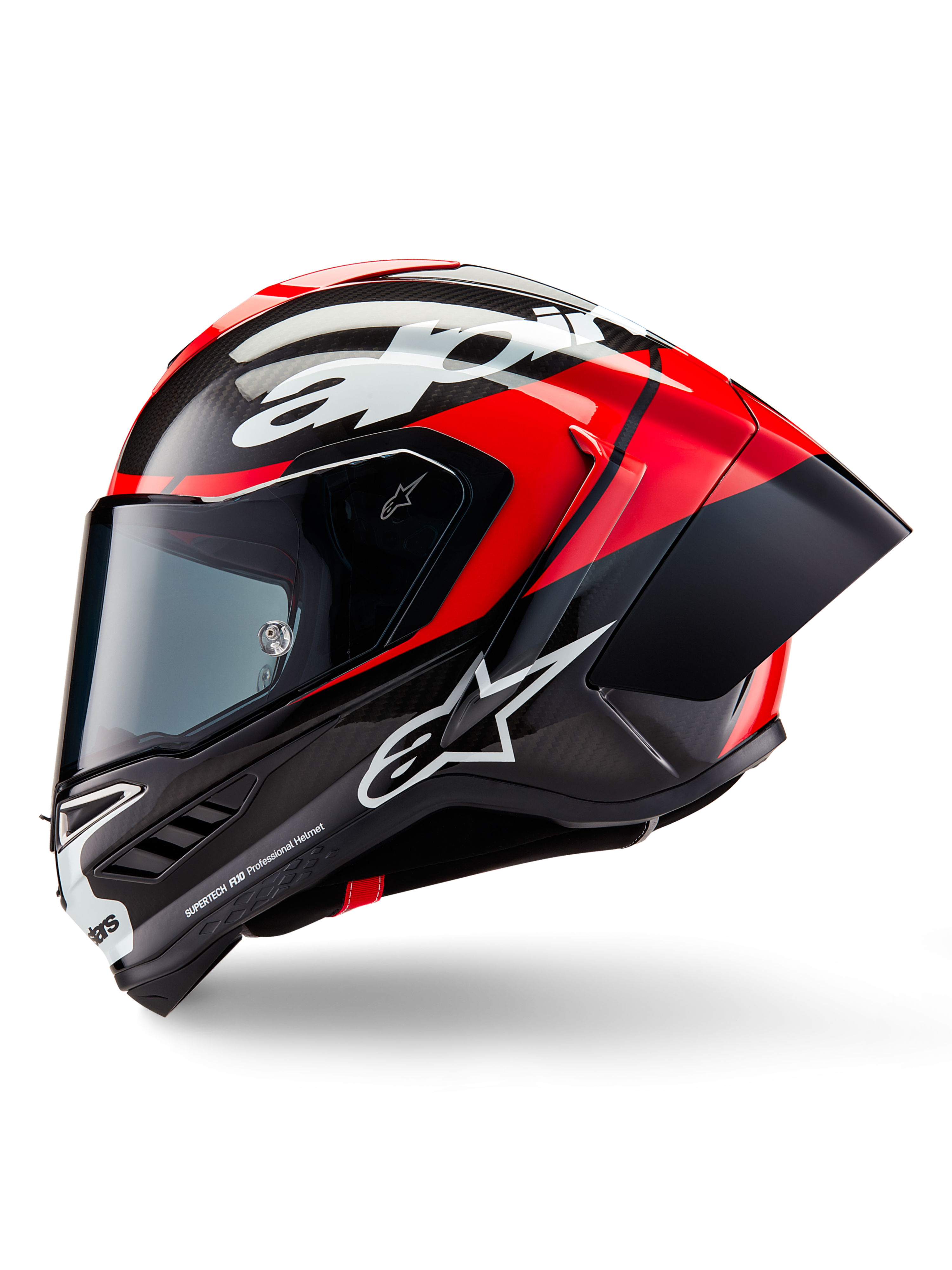 Alpinestars Supertech R10 Element helm, integrale racehelm, glanzend zwart carbon, felrood en wit, zijprofiel met aerodynamische koolstofvezel schaal en zichtbaar weefsel, witte Alpinestars-branding en geïntegreerde achterspoiler
