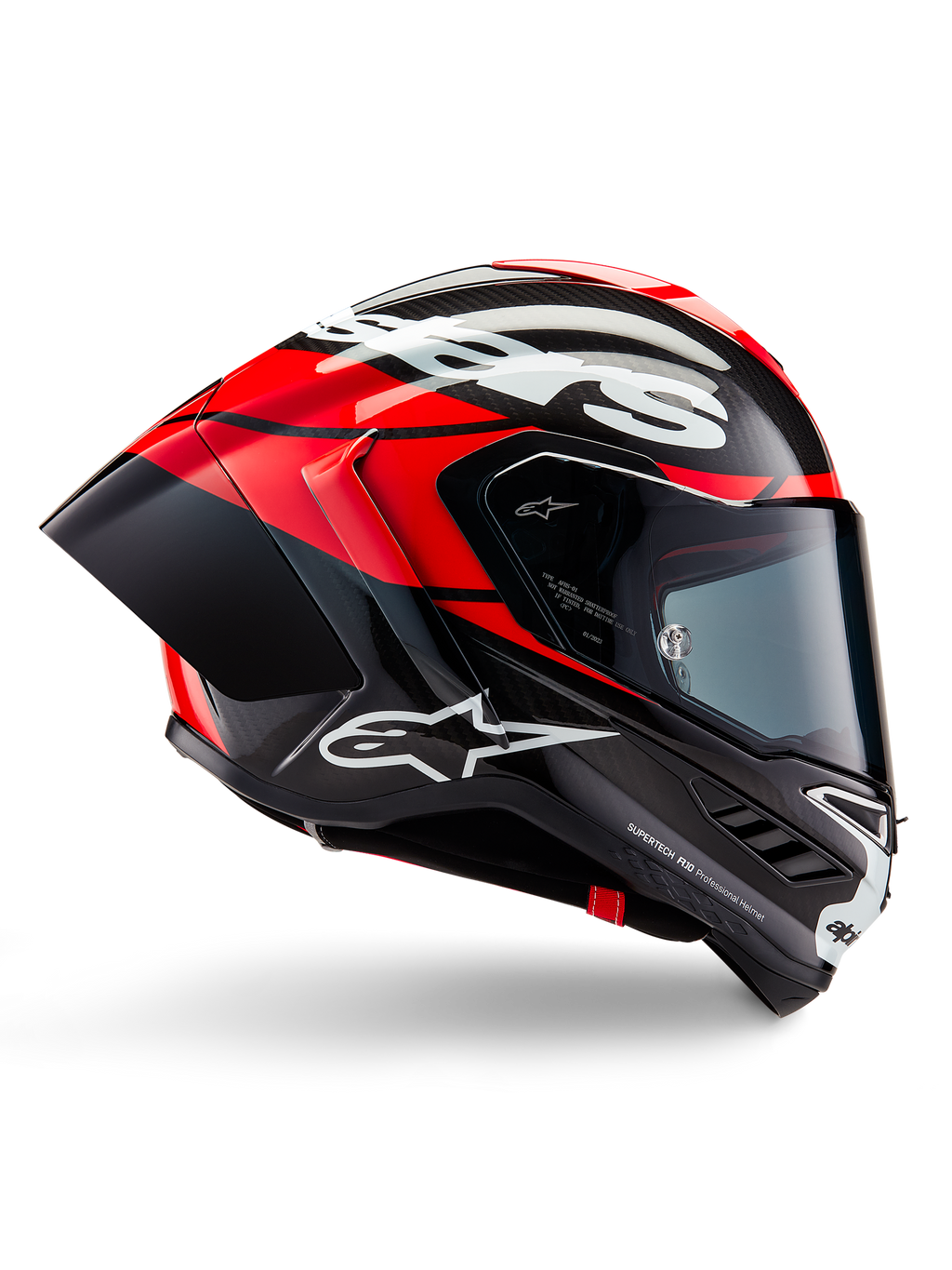 Alpinestars Supertech R10 Element helm, integraal motorracehelm, zwart carbon met helderrode en witte accenten, zijprofiel toont aerodynamische koolstofvezel schaal, glanzende afwerking met wit logo, getint vizier, professionele racebescherming