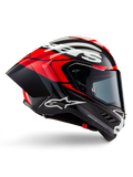 Alpinestars Supertech R10 Element helm, integraal motorracehelm, zwart carbon met helderrode en witte accenten, zijprofiel toont aerodynamische koolstofvezel schaal, glanzende afwerking met wit logo, getint vizier, professionele racebescherming